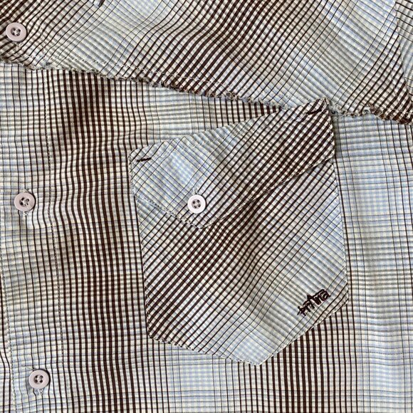 PrAna Short Sleeve Button Up Shirt Mens XL Brown Blue Plaid Raw Edge Detail - Picture 4 of 7